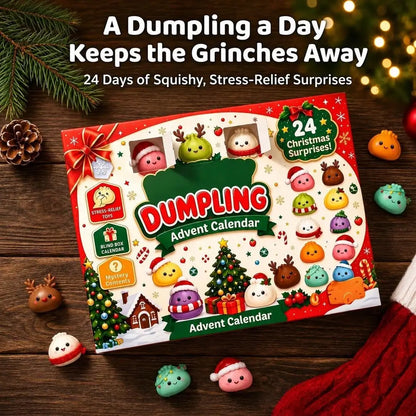 A festive dumpling-themed advent calendar box sits on a dark wooden surface with holiday props including pine branches, a red knit stocking, and small dumpling charms. Large promotional text at the top reads, 'A Dumpling a Day Keeps the Grinches Away' and '24 Days of Squishy, Stress-Relief Surprises.