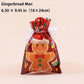 A red drawstring gift bag featuring a gingerbread man illustration, with a white ribbon tied at the top. Text at the top left reads 'Gingerbread Man