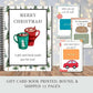 A Christmas-themed gift card book shown with several sample gift cards fanned out beside it. The cover reads “MERRY CHRISTMAS!” and features watercolor-style holiday mugs, pine trees, and a white border.