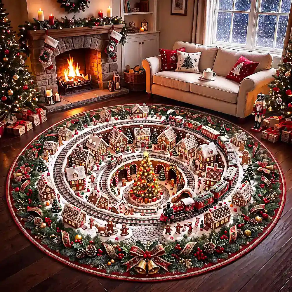 Christmas Ginger bread Man Town Round Rug - C055