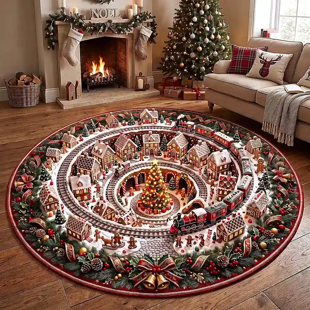 Christmas Ginger bread Man Town Round Rug - C055