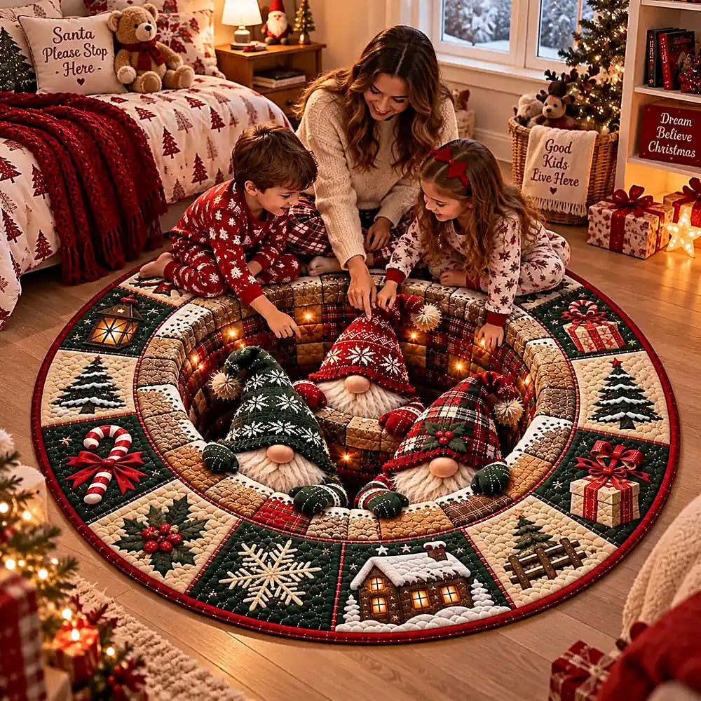 A round Christmas-themed area rug with a stitched-gnome design is shown on a wooden floor in a cozy holiday bedroom. A woman and two children are sitting on the rug, looking at small gnome figures placed inside the center.