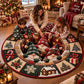 A round Christmas-themed quilted rug with gnomes and holiday motifs, shown in a cozy living room with a woman and two children sitting on it. The rug features green, red, beige, and brown tones with warm string lights.
