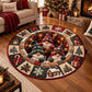 A round Christmas-themed area rug displayed on a hardwood floor in a cozy living room setting. The rug features a central circular scene with two gnomes under warm string lights, surrounded by a border of festive holiday motifs including snowflakes, candy canes, pine trees, and a small cabin.