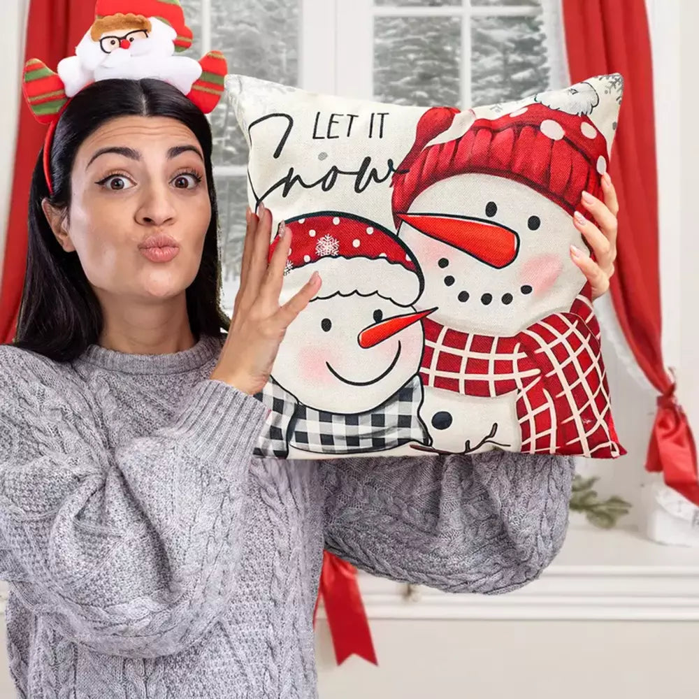 Close-up of the printed Christmas design on a decorative pillow cover