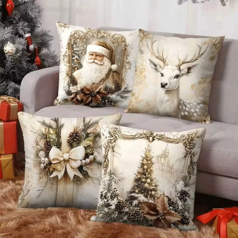 Set of four decorative Christmas pillow covers with festive holiday prints