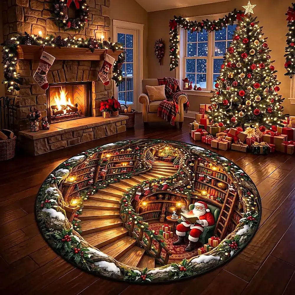 Christmas Santa With Book Round Rug - C054