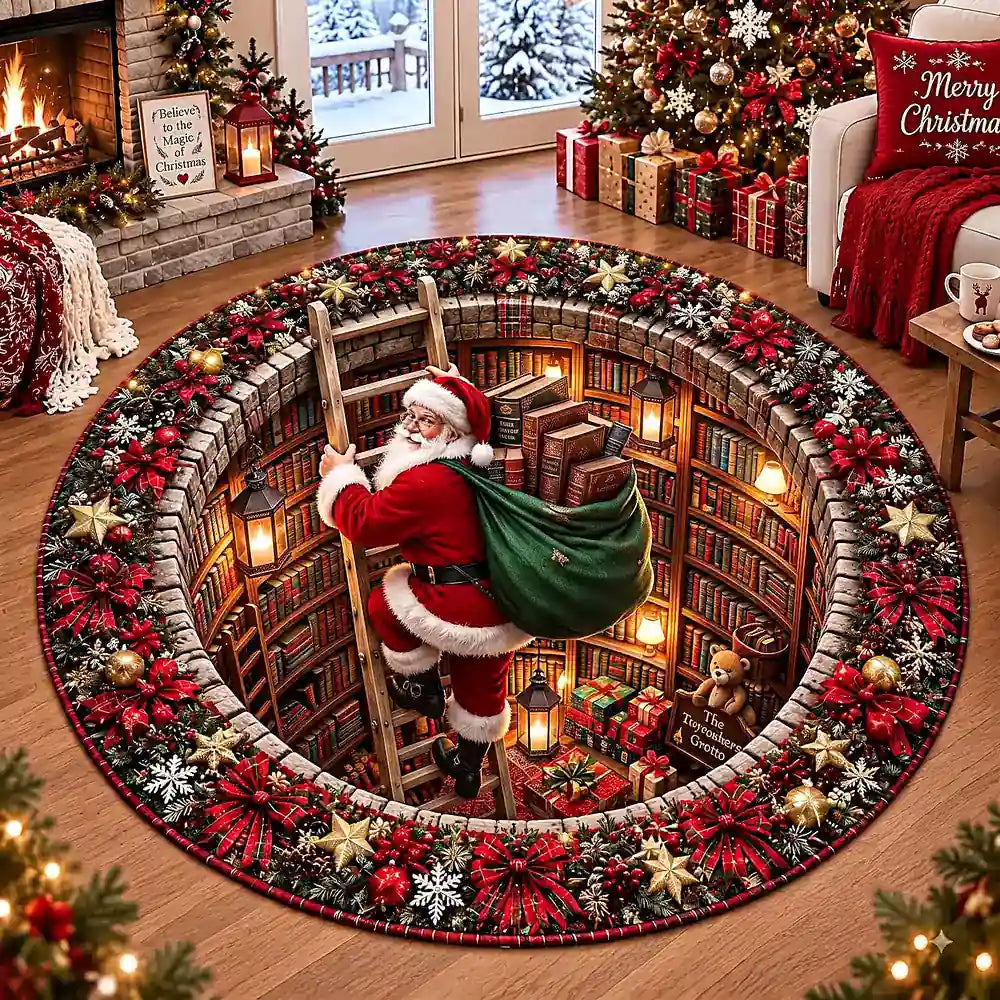 Christmas Santa With Library Round Rug - C052