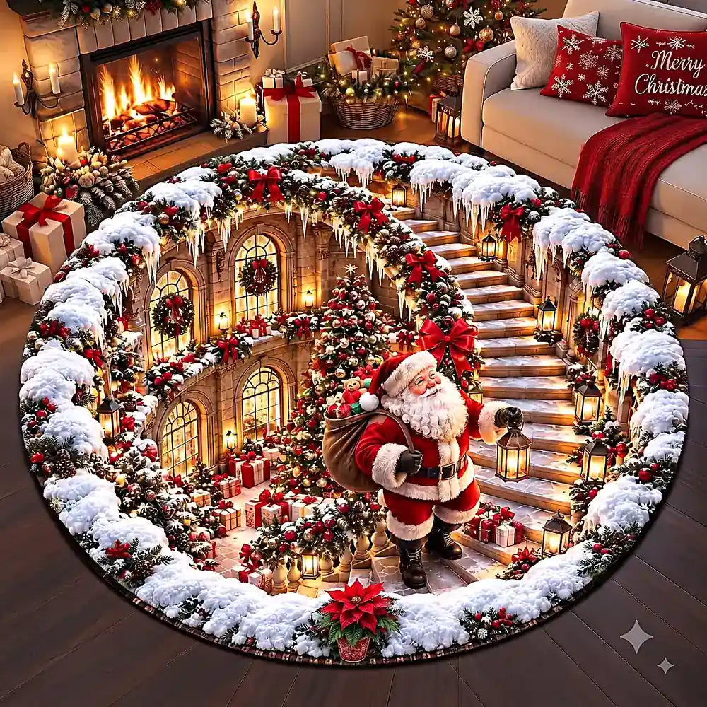Christmas Santa With Snow Round Rug - C051
