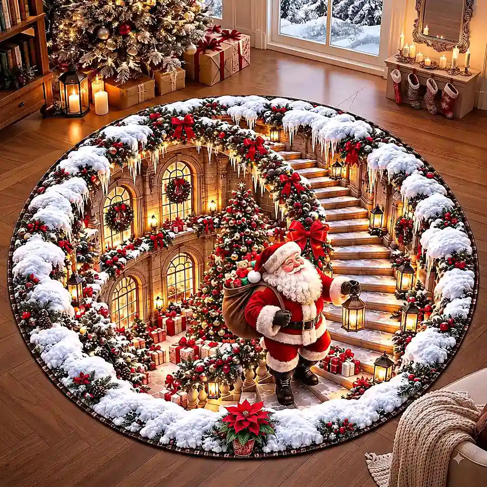 Christmas Santa With Snow Round Rug - C051