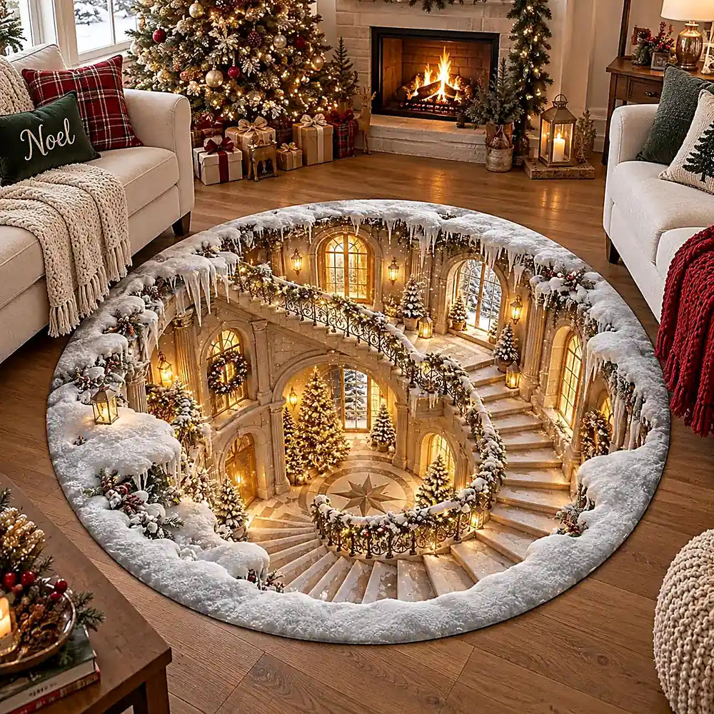 A large round area rug featuring a detailed Christmas-themed illustration of an icy grand staircase with snow, warm lights, and decorated trees, shown in a decorated living room setting.