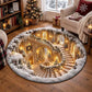 A round area rug featuring a detailed winter holiday scene of a grand staircase covered in snow, decorated with Christmas trees and warm glowing lights, shown on a wooden floor in a cozy living room setting.