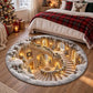 A round Christmas-themed area rug depicting a snowy grand staircase with warm glowing lights and decorated trees, shown on a wooden floor in a styled bedroom next to a bed with a red plaid blanket.