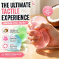 A hand squeezes a translucent pink crystal jelly stress ball, with other colorful jelly balls and a coconut prop in the background. Large promotional text reads 'THE ULTIMATE TACTILE EXPERIENCE' and lists benefits like natural coconut oil, clear jelly, and ultra malleable texture.