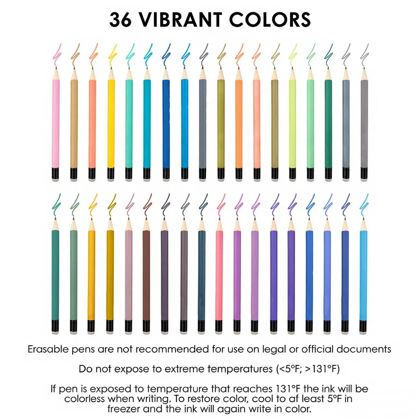 Thirty six colorful erasable gel pens arranged in two neat rows with usage warning notes printed below