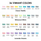A color guide chart groups 36 ink swatches into four themed palettes each labeled with individual color names