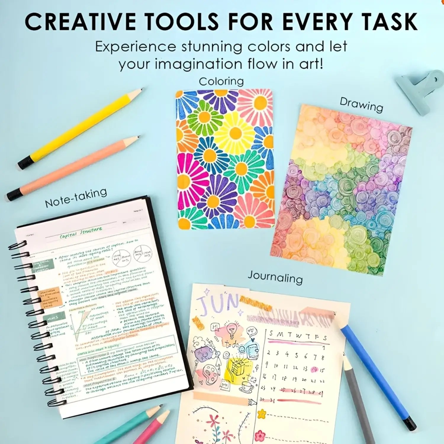 A flat lay shows the pens being used for note taking coloring drawing and journaling on a pale blue background