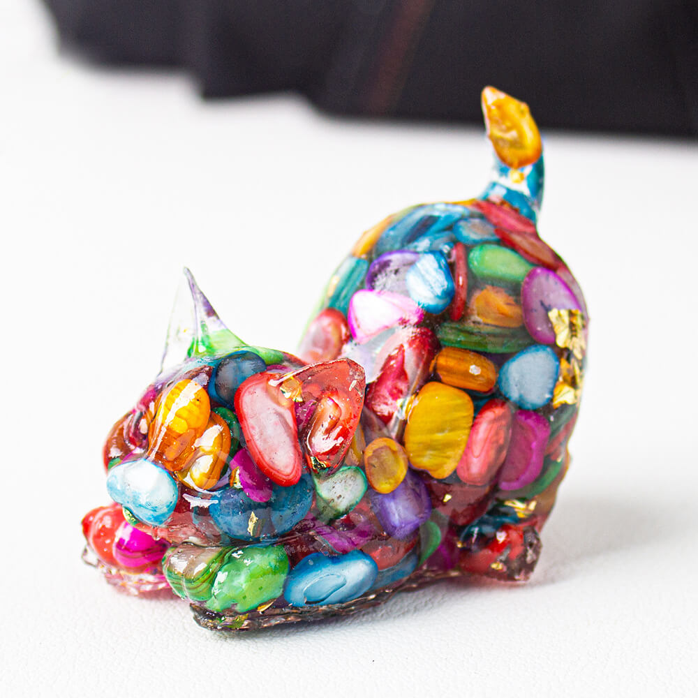 Handmade Natural Crystal Gemstone Cat with Raised Tail - Colorful Shell