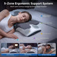 A woman sleeps on the pillow with five labeled support zones and three small panels showing back side and stomach sleeping positions