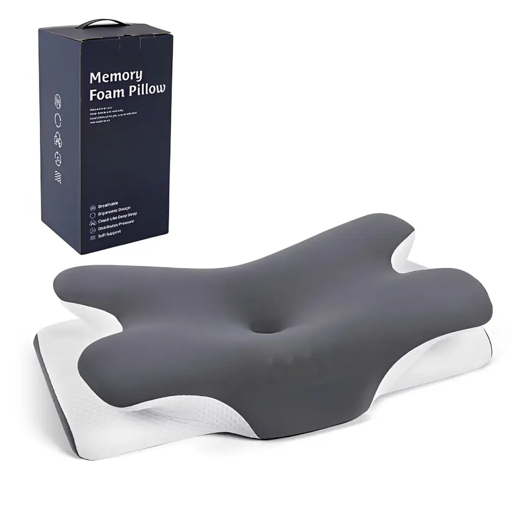 A gray and white ergonomic memory foam pillow shown beside its dark blue gift box on a white background