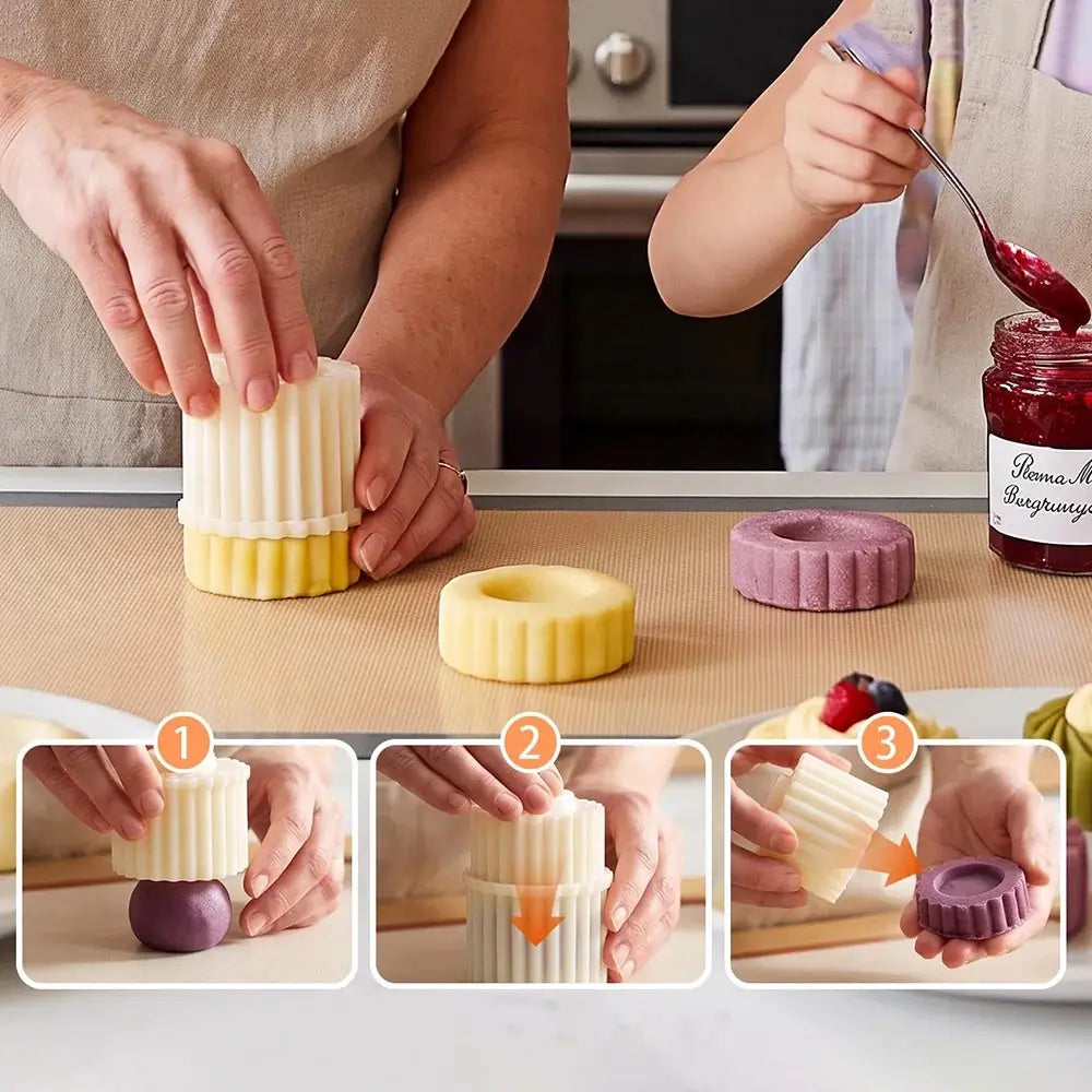 A person and a child demonstrate a round fluted pastry cutter or mold set on a kitchen counter, with one white cutter shown, plus three step-by-step inset diagrams explaining use.