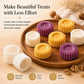 A promotional product image showing colorful pressed dessert molds and example pressed treats on a wooden tray, with text and icons describing the benefits: 'Make Beautiful Treats with Less Effort,' 'Beautiful Patterns,' 'Easy Press,' and 'Neat Results.'.