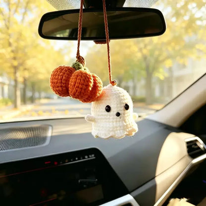 Handmade crochet ghost and pumpkin hanging car charm