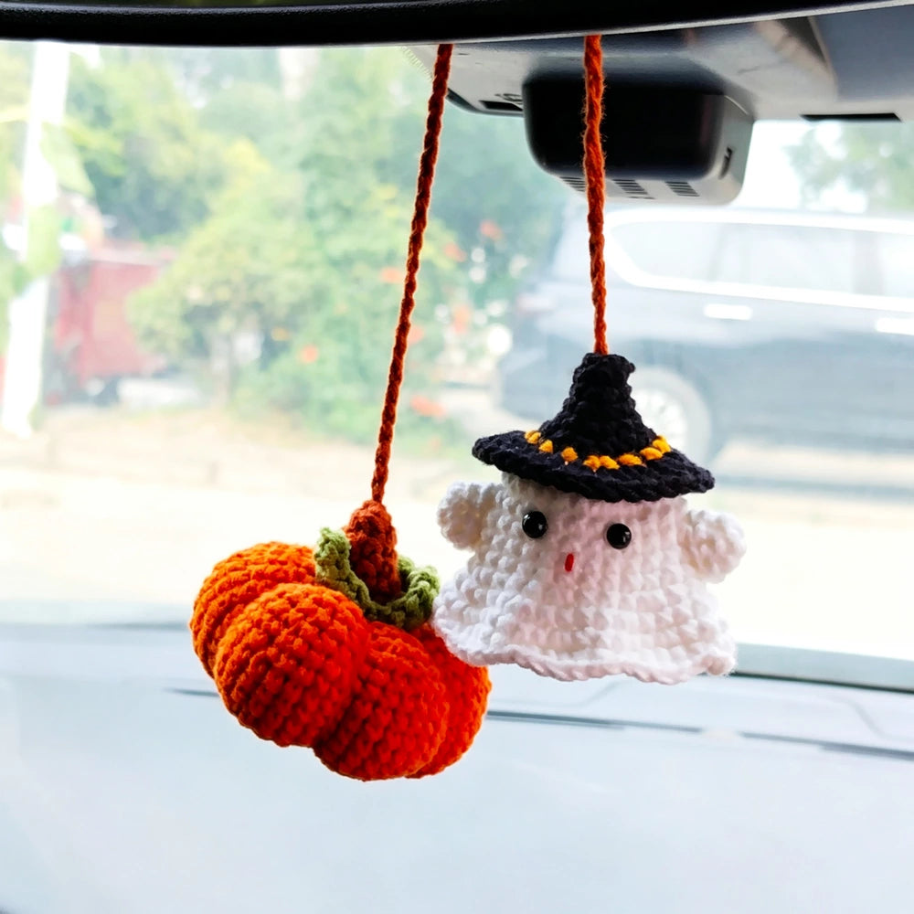 Pumpkin-headed crochet ghost hanging ornament