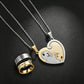 Two-piece friendship necklaces and rings set featuring a silver fish ring and a heart-shaped pendant with a cat and fish design, shown on a dark textured background.
