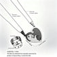 Silver couple necklace set with a heart-shaped pendant showing a cat and dog silhouette, accompanied by two matching ring pendants, with product dimensions and weight annotated on a white background.