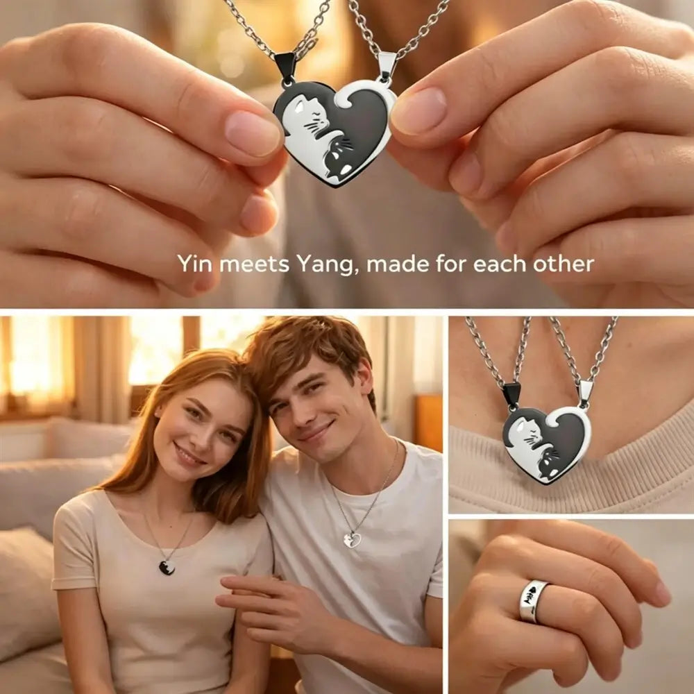 Collage showing a custom Yin-Yang heart pendant necklace being held by hands, with a couple wearing matching necklaces in a living room, close-up of the pendant, and a hand wearing the necklace.