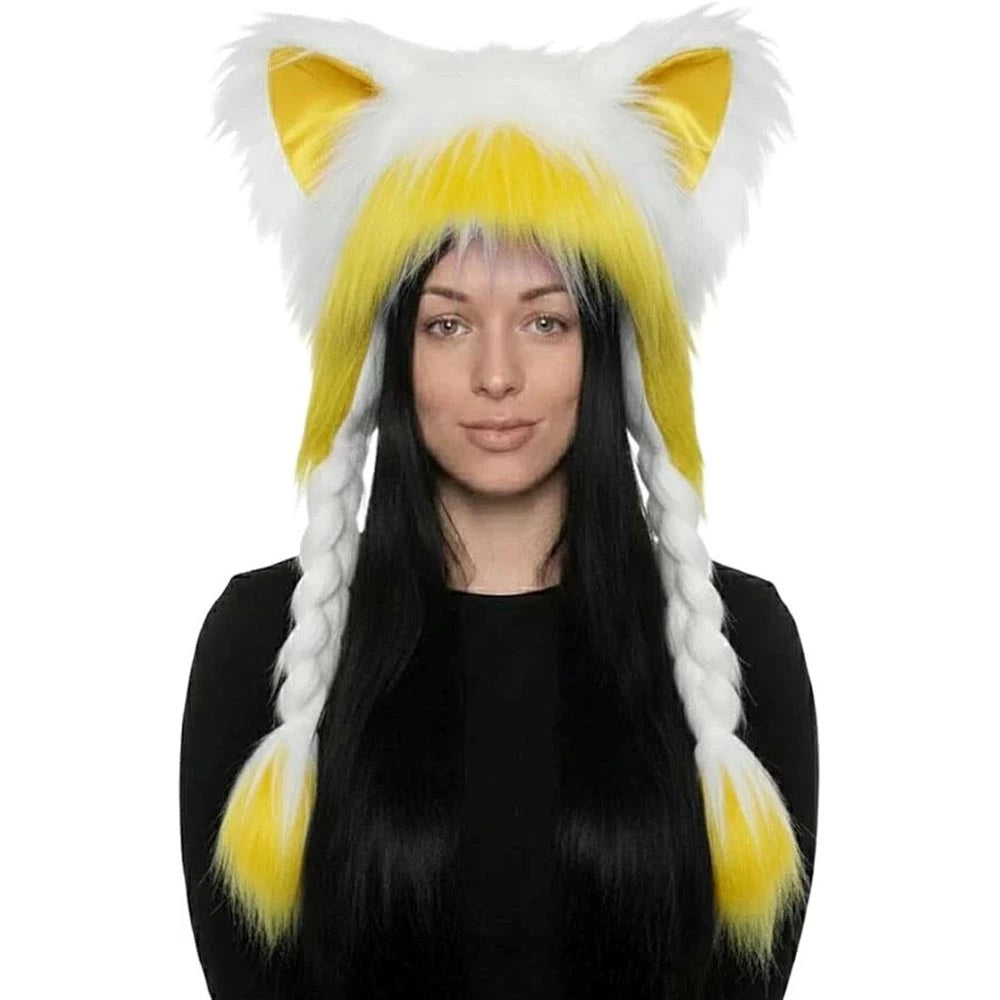 Close-up of the soft, fluffy texture of the cat ear hat