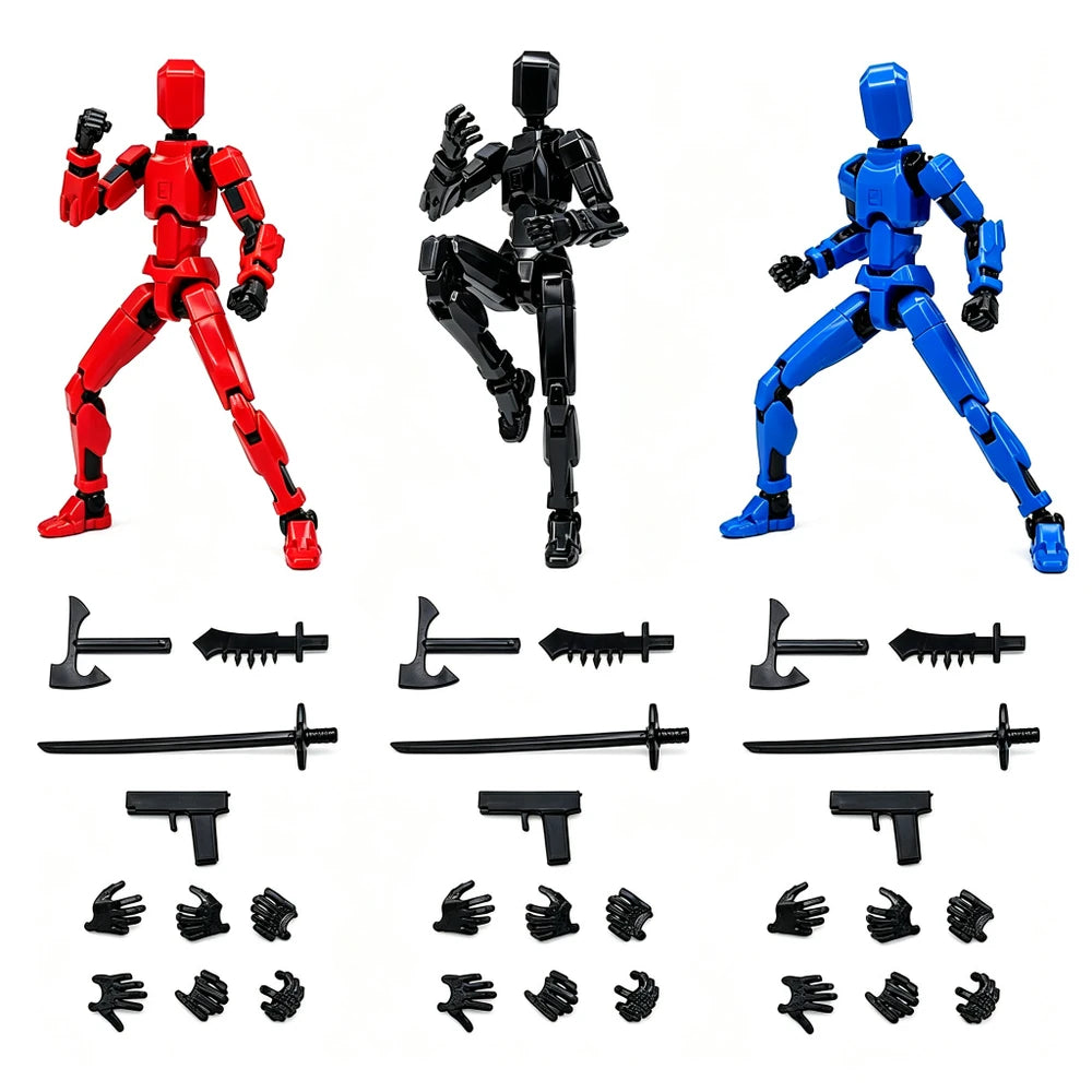 Three articulated action figure stands shown in red, black, and blue, each with multiple black accessory pieces including weapons, a gun, and hands arranged below on a white background.