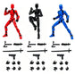 Three articulated action figure stands shown in red, black, and blue, each with multiple black accessory pieces including weapons, a gun, and hands arranged below on a white background.