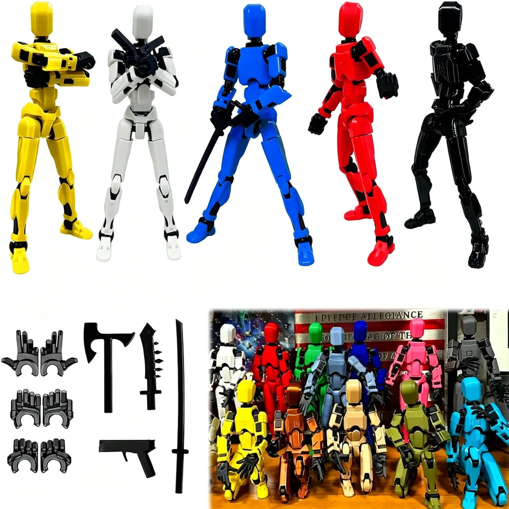 Five articulated plastic action figure mannequins in yellow, white, blue, red, and black, shown with black accessory weapons and armor pieces on a white background, plus a smaller inset photo of multiple colored figures in a room.