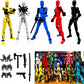 Five articulated plastic action figure mannequins in yellow, white, blue, red, and black, shown with black accessory weapons and armor pieces on a white background, plus a smaller inset photo of multiple colored figures in a room.