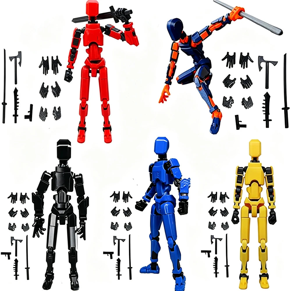 Four articulated action figure sets in red, blue, black, and yellow, each shown with multiple interchangeable hands, weapons, and accessories on a plain white background.