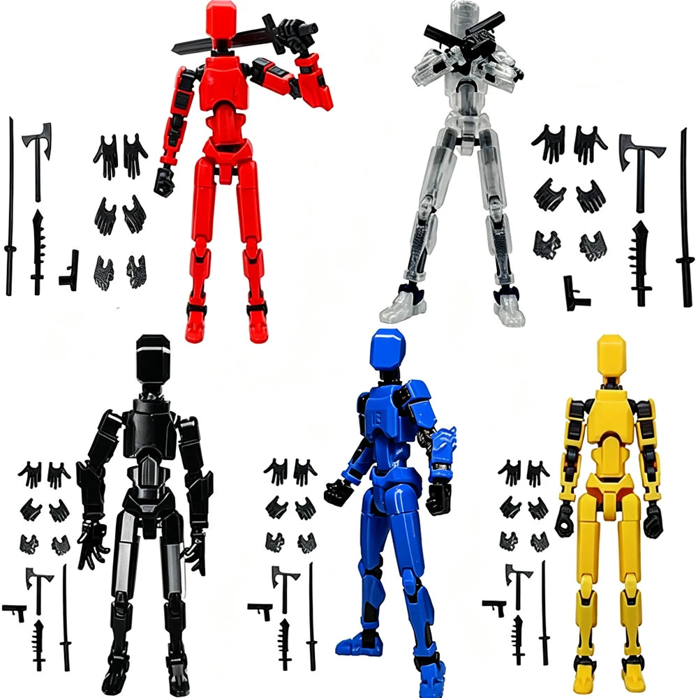 Four articulated action figure sets in red, silver, black, and yellow, each shown with multiple interchangeable hands and weapon accessories on a plain white background.