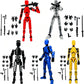 Four articulated action figure sets in red, silver, black, and yellow, each shown with multiple interchangeable hands and weapon accessories on a plain white background.