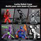 Six toy robot action figures shown in a 2x3 grid with labels for color options: Red, Black, Transparent, Purple-Green, Blue-Orange, and White. The top text reads 'Lucky Robot Crew -Build your own team of heroes!'.