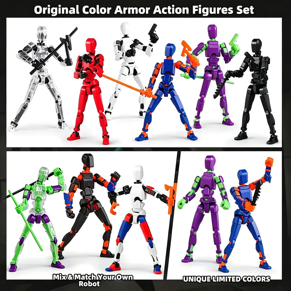 A collage showing multiple articulated action figures in different colorways under the heading 'Original Color Armor Action Figures Set.' The figures are posed against a white background with black border lines and text labels such as 'Mix & Match Your Own Robot' and 'Unique Limited Colors.