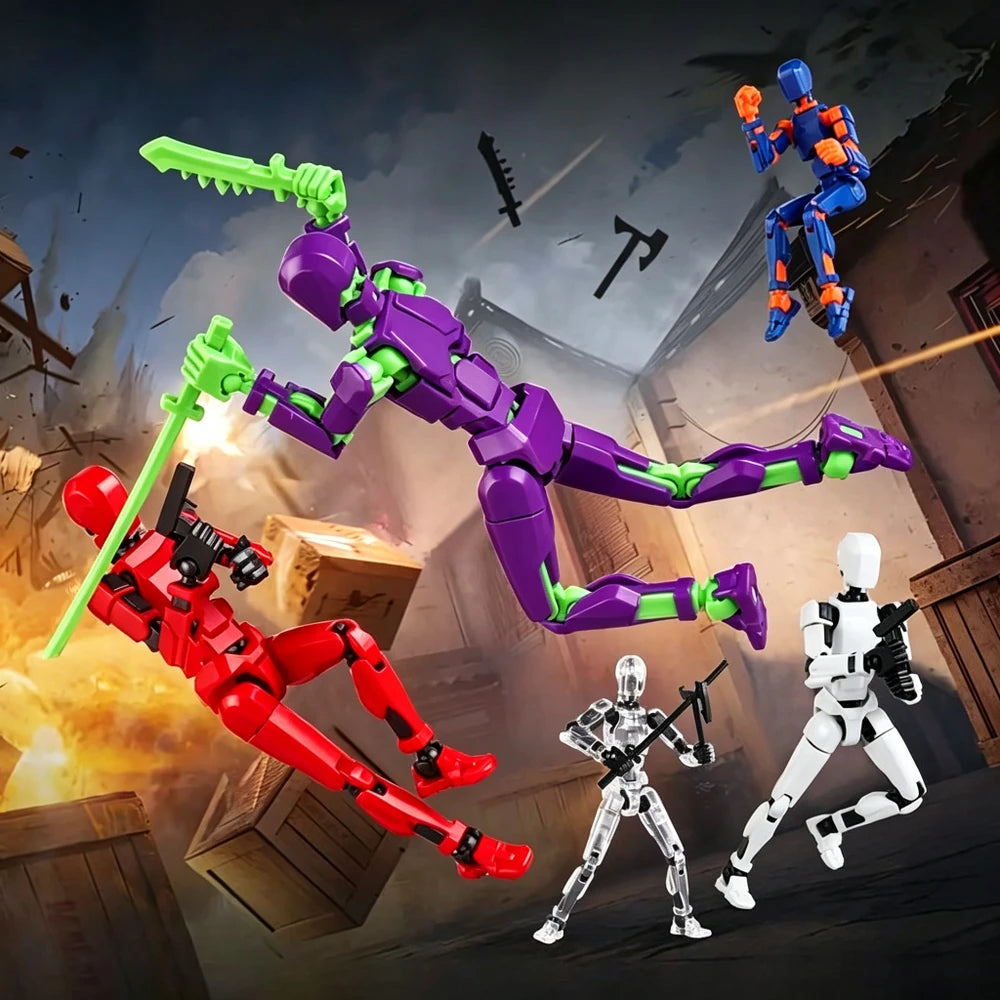 A set of colorful robotic action figure toys posed dynamically in a dramatic battle scene with crates, explosions, and a dark sky. The figures include a large purple robot with green accents, a red robot with a green sword, a blue robot, and two smaller white/silver robots.