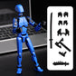 Blue articulated action figure with black accessories, shown standing beside a white panel displaying interchangeable weapon and hand pieces, on a dark tabletop with a blurred laptop in the background.