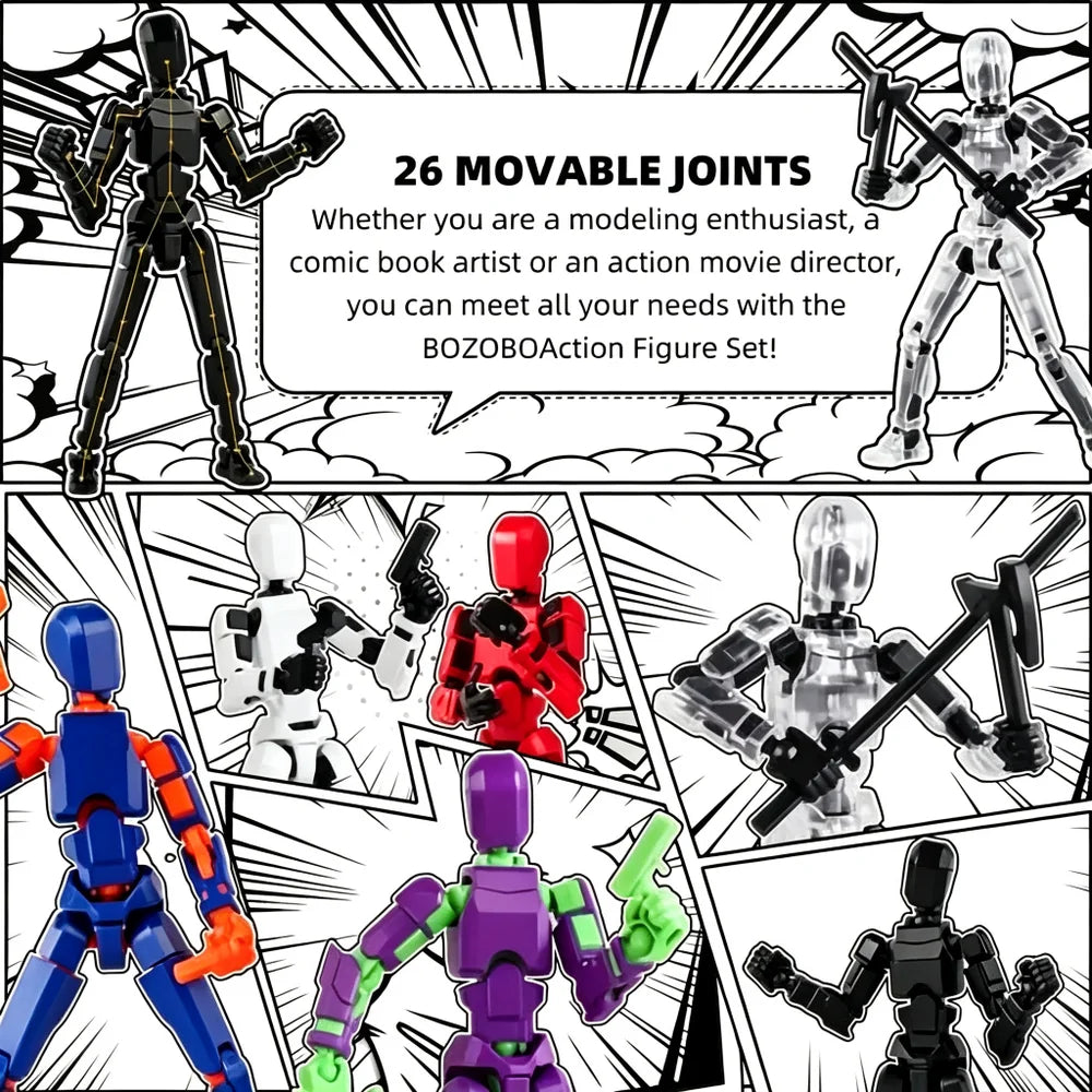Promotional collage for a set of 26 movable action figure joints, showing multiple articulated plastic human-like figures posed in comic-style panels with text reading '26 MOVABLE JOINTS' and descriptive copy.
