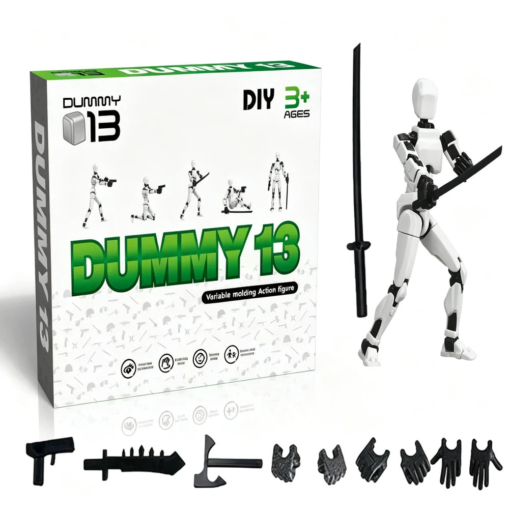 Dummy 13 DIY variable molding action figure kit with its retail box, a white articulated mannequin-style figure holding a black sword, and multiple black accessory weapons and gloves displayed on a clean white background.