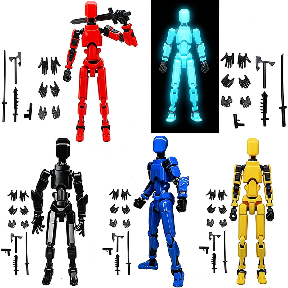 Four articulated action figure robots shown in different colors: red, glowing blue, black, and yellow, each with multiple interchangeable hands and weapon accessories arranged around them on a white background.