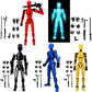 Four articulated action figure robots shown in different colors: red, glowing blue, black, and yellow, each with multiple interchangeable hands and weapon accessories arranged around them on a white background.