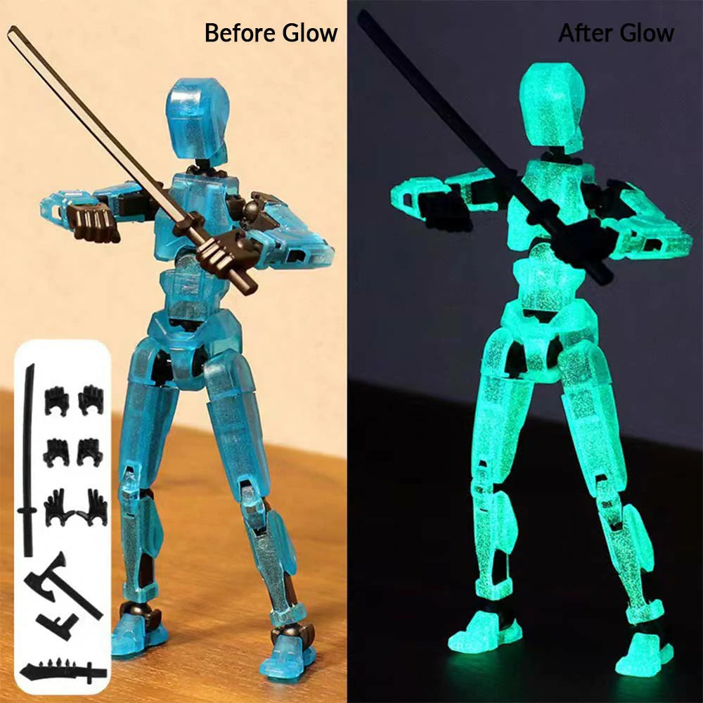 A side-by-side comparison showing a translucent blue articulated action figure holding a sword, labeled 'Before Glow' on the left and glowing green in the dark labeled 'After Glow' on the right. The left side also shows the figure standing on a tabletop with a small inset of included accessories.