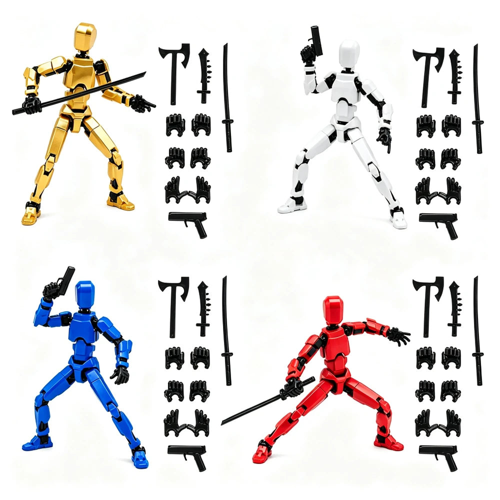 Four action figure sets arranged in a 2x2 grid on a white background: gold, white, blue, and red humanoid figures, each shown with multiple black accessory pieces such as swords, hands, and weapons.