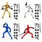 Four action figure sets arranged in a 2x2 grid on a white background: gold, white, blue, and red humanoid figures, each shown with multiple black accessory pieces such as swords, hands, and weapons.